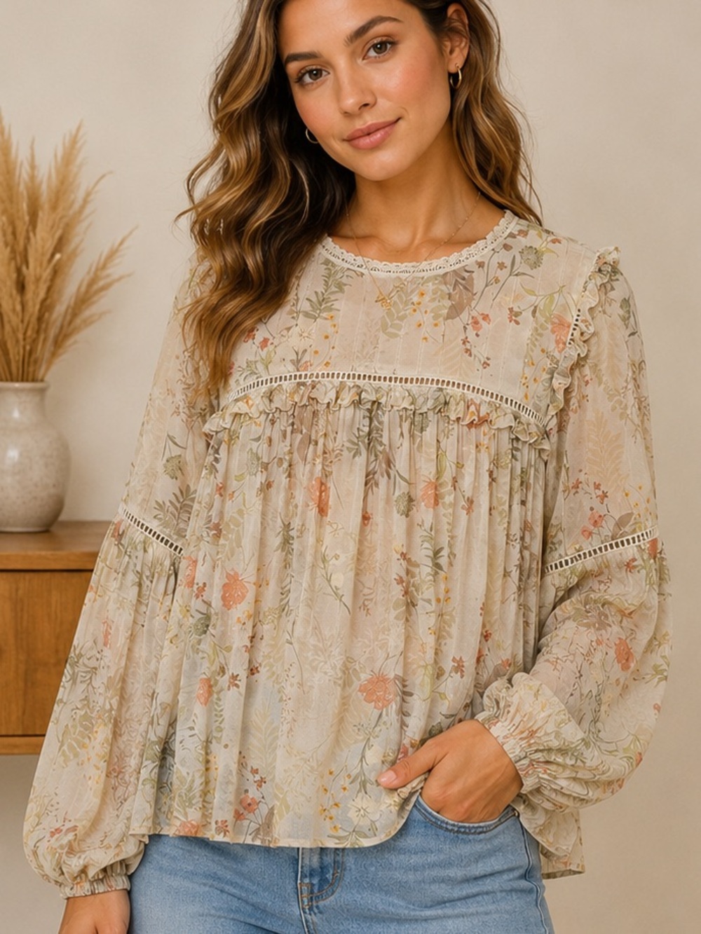 🍂 OLIVACEOUS Floral Ruffle Babydoll Blouse Boho Cottagecore Size Small